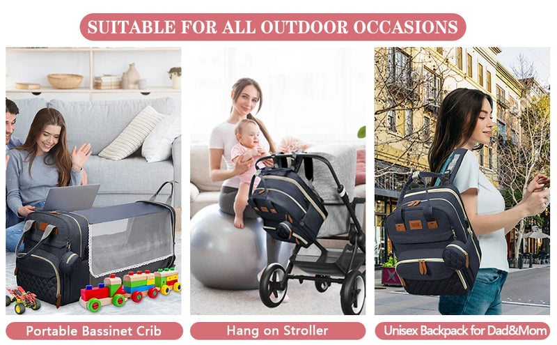 3-in-1 Waterproof Diaper Bag Backpack with Foldable Baby Bed & USB Charging – 3 Styles