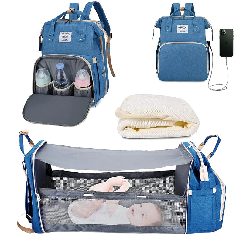 3-in-1 Waterproof Diaper Bag Backpack with Foldable Baby Bed & USB Charging – 3 Styles