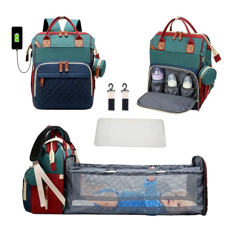 3-in-1 Waterproof Diaper Bag Backpack with Foldable Baby Bed & USB Charging – 3 Styles