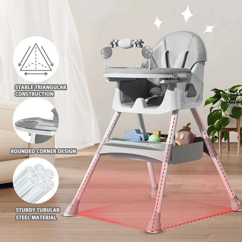Foldable Baby High Chair 6+ Months, Antislip Pad & Toy Rack, Easy-Clean, E500
