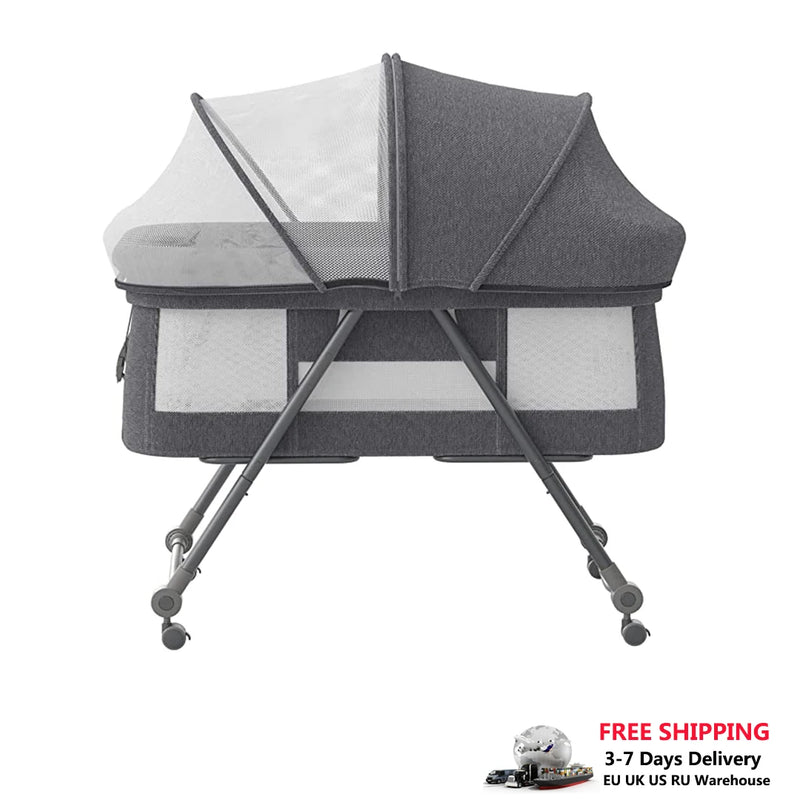 UBRAVOO Baby Travel Cot with Mattress & Silent Wheels, Convertible Rocking Crib