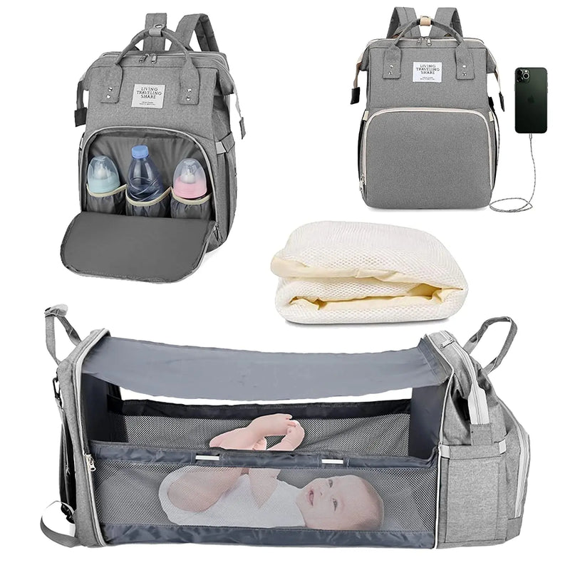 3-in-1 Waterproof Diaper Bag Backpack with Foldable Baby Bed & USB Charging – 3 Styles