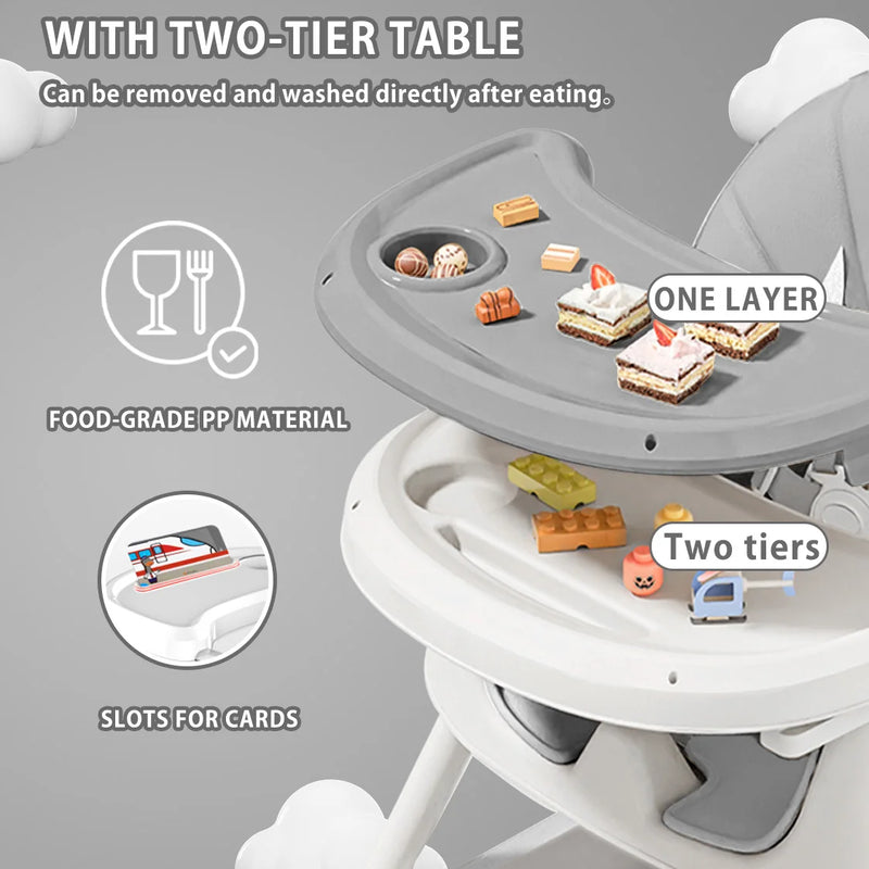 Foldable Baby High Chair 6+ Months, Antislip Pad & Toy Rack, Easy-Clean, E500