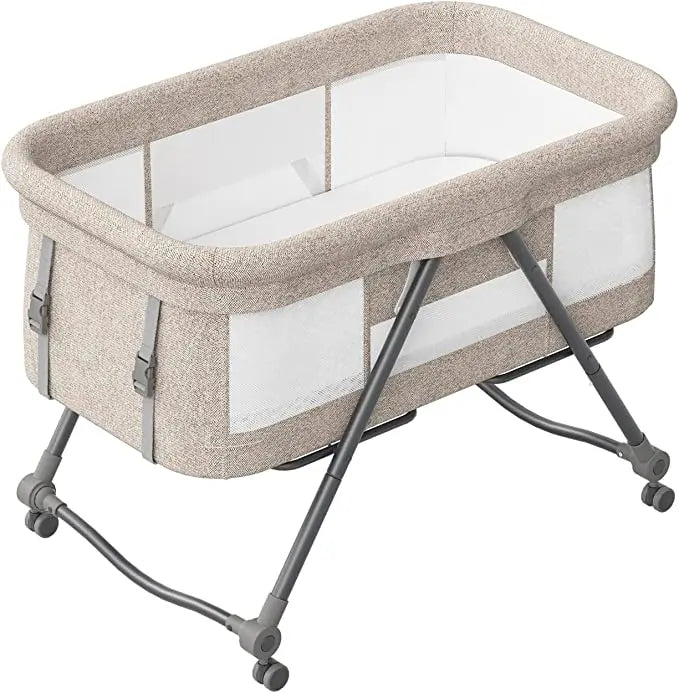 UBRAVOO Baby Travel Cot with Mattress & Silent Wheels, Convertible Rocking Crib