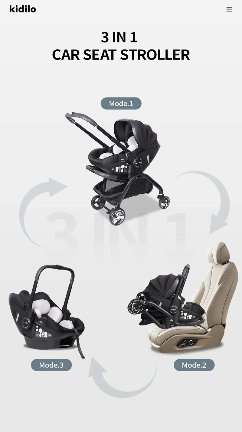 3-in-1 Baby Stroller with Safety Seat, Portable for Ages 0-2