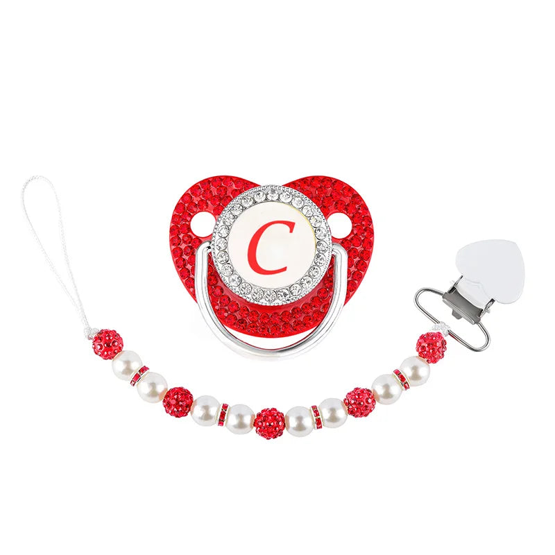 Red Pacifier Newborn Dummy Luxury Pearls Clip Chain Set Letters Infant Soother Baby Shower Gift Silicone Toddler Teether
