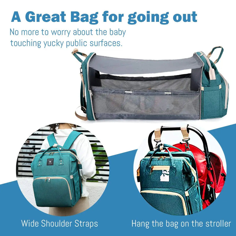 3-in-1 Waterproof Diaper Bag Backpack with Foldable Baby Bed & USB Charging – 3 Styles