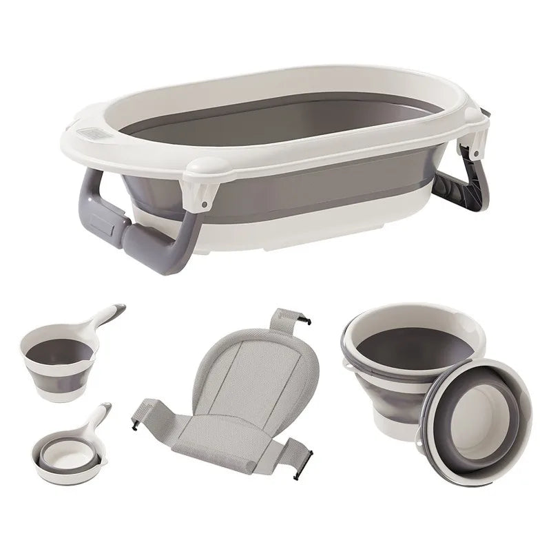4 in 1 Foldable Baby Bath Tub Set – Safe Ergonomic Newborn Bathtub with Mat