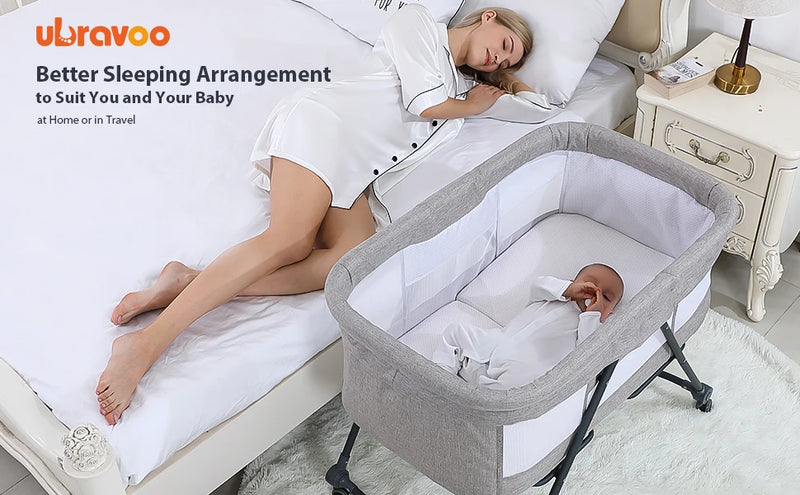 UBRAVOO Baby Travel Cot with Mattress & Silent Wheels, Convertible Rocking Crib
