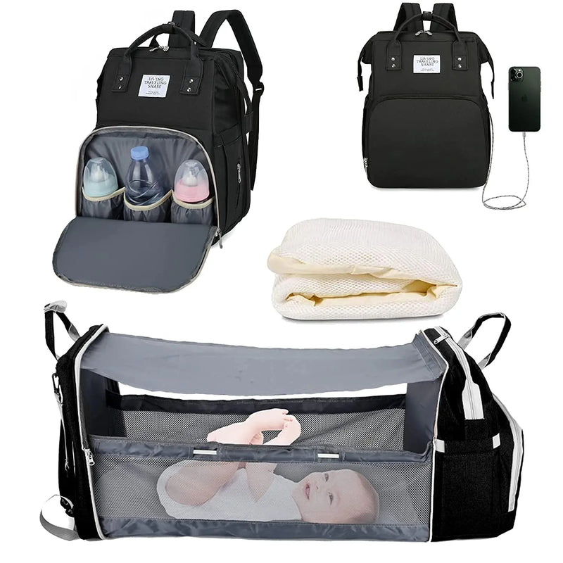 3-in-1 Waterproof Diaper Bag Backpack with Foldable Baby Bed & USB Charging – 3 Styles