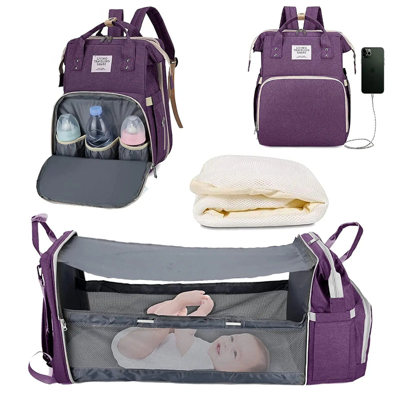 3-in-1 Waterproof Diaper Bag Backpack with Foldable Baby Bed & USB Charging – 3 Styles