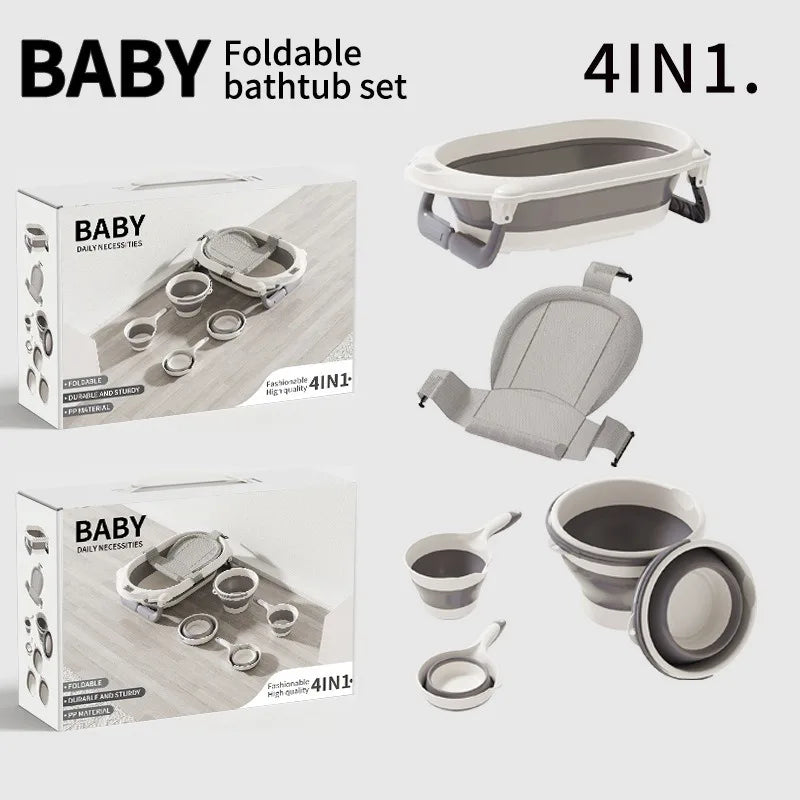4 in 1 Foldable Baby Bath Tub Set – Safe Ergonomic Newborn Bathtub with Mat