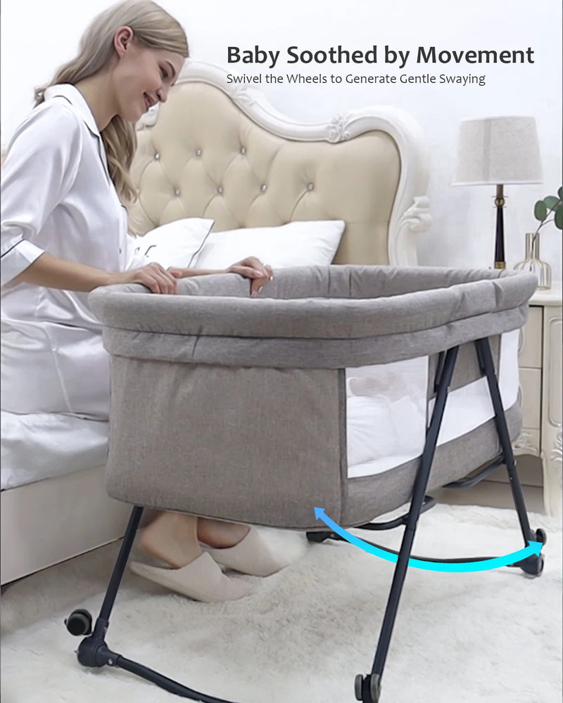 UBRAVOO Baby Travel Cot with Mattress & Silent Wheels, Convertible Rocking Crib
