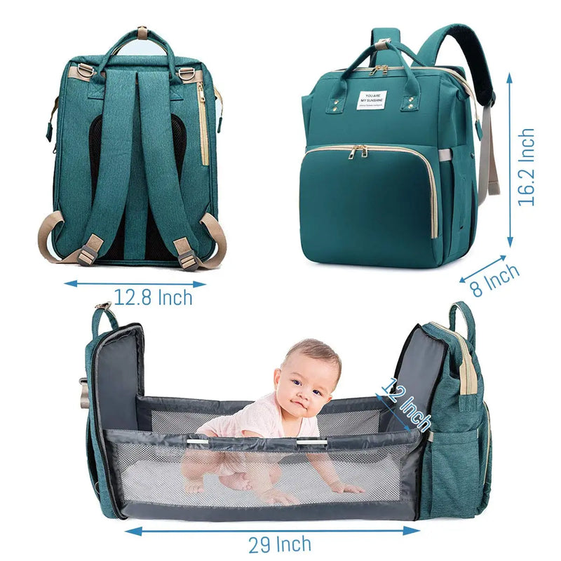 3-in-1 Waterproof Diaper Bag Backpack with Foldable Baby Bed & USB Charging – 3 Styles