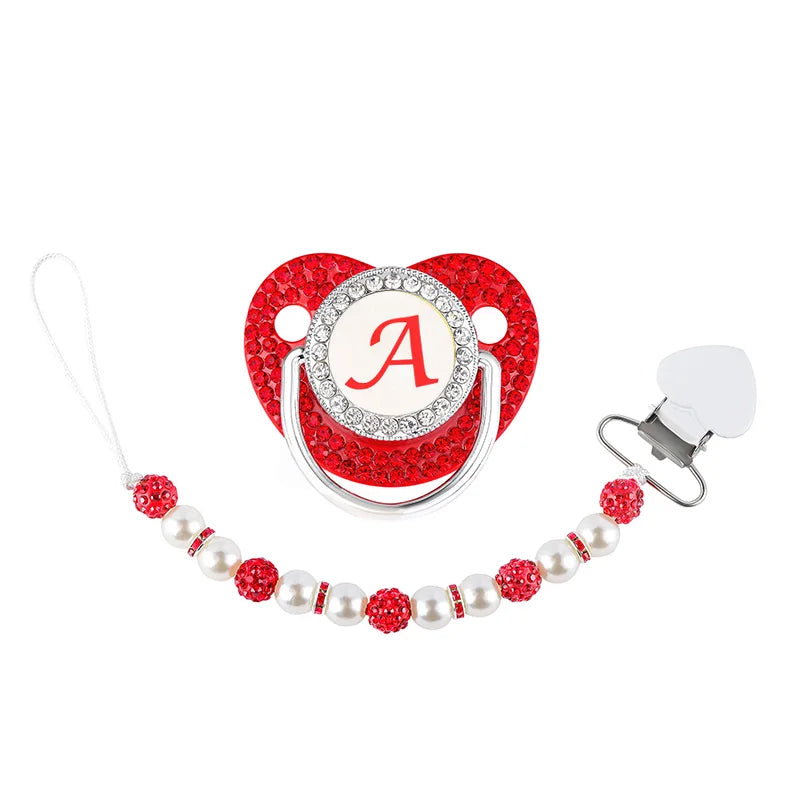 Red Pacifier Newborn Dummy Luxury Pearls Clip Chain Set Letters Infant Soother Baby Shower Gift Silicone Toddler Teether