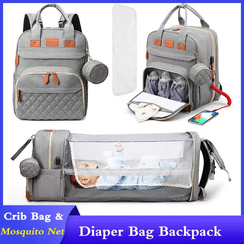 3-in-1 Waterproof Diaper Bag Backpack with Foldable Baby Bed & USB Charging – 3 Styles