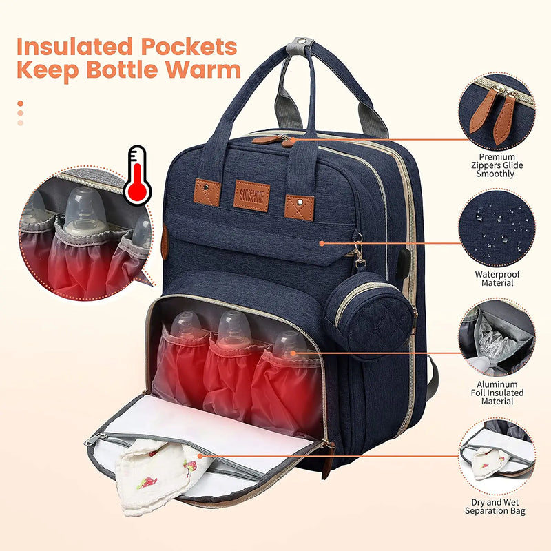 3-in-1 Waterproof Diaper Bag Backpack with Foldable Baby Bed & USB Charging – 3 Styles