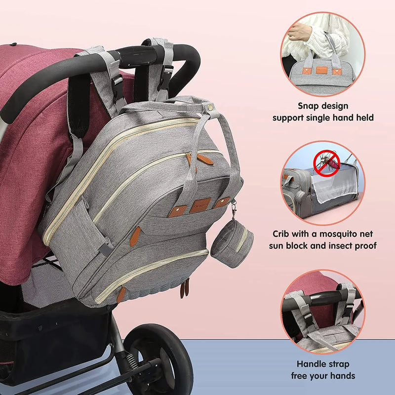 3-in-1 Waterproof Diaper Bag Backpack with Foldable Baby Bed & USB Charging – 3 Styles
