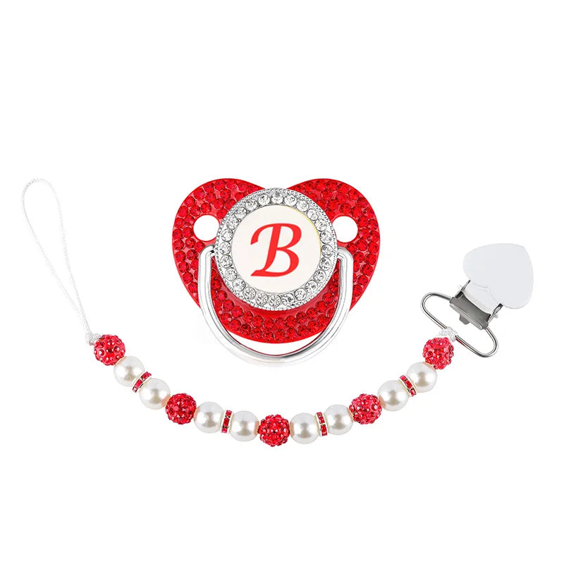 Red Pacifier Newborn Dummy Luxury Pearls Clip Chain Set Letters Infant Soother Baby Shower Gift Silicone Toddler Teether