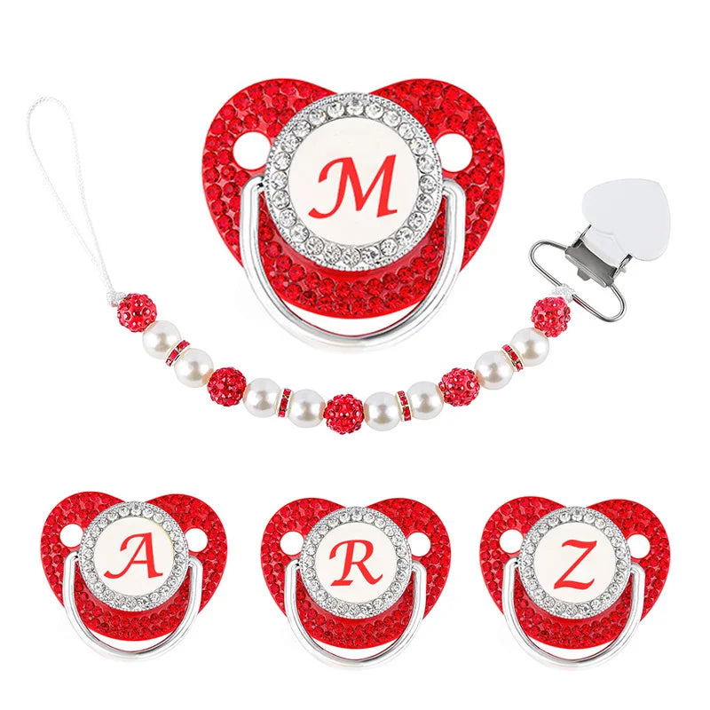 Red Pacifier Newborn Dummy Luxury Pearls Clip Chain Set Letters Infant Soother Baby Shower Gift Silicone Toddler Teether