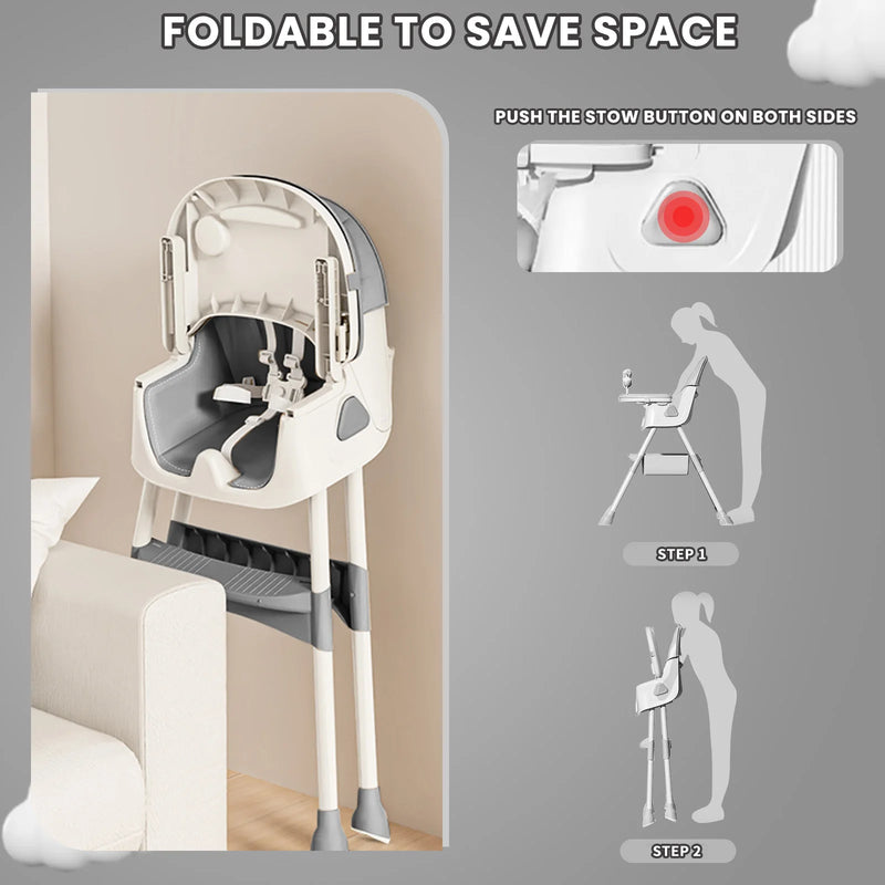 Foldable Baby High Chair 6+ Months, Antislip Pad & Toy Rack, Easy-Clean, E500
