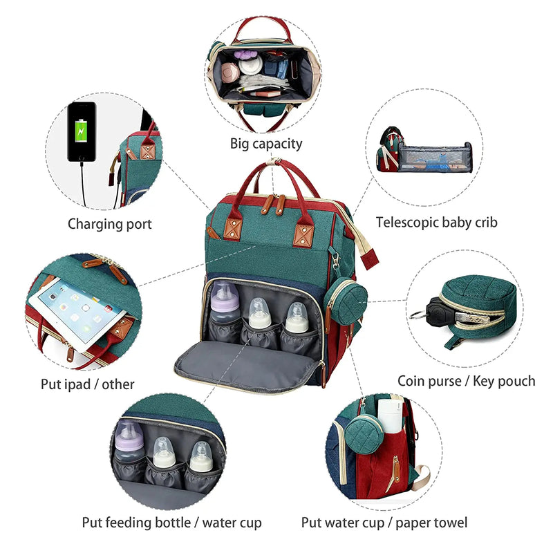 3-in-1 Waterproof Diaper Bag Backpack with Foldable Baby Bed & USB Charging – 3 Styles
