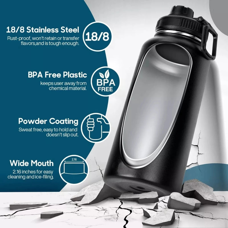 Stainless Steel Vacuum Insulated Water Bottle, Wide Mouth Sports Bottle, Leak Proof Lid with Cord