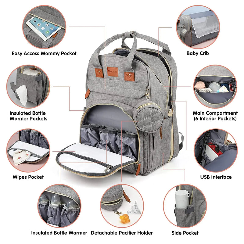 3-in-1 Waterproof Diaper Bag Backpack with Foldable Baby Bed & USB Charging – 3 Styles